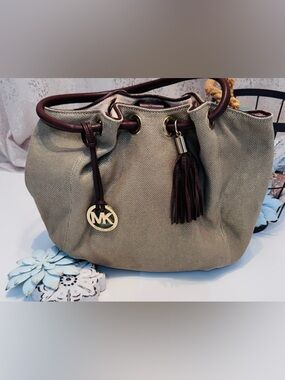 Michael Kors Metallic Canvas Drawstring Tote with Brown Leather Trim and Tassel